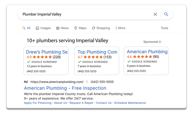 Example of digital ads ranking on google