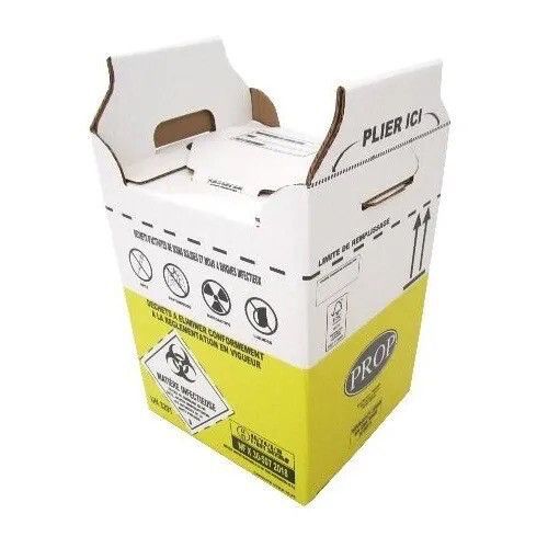 Une boîte en carton jaune et blanche avec une poignée sur fond blanc.