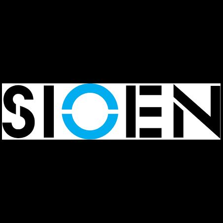 Le logo sioen est noir et blanc avec un cercle bleu au milieu.