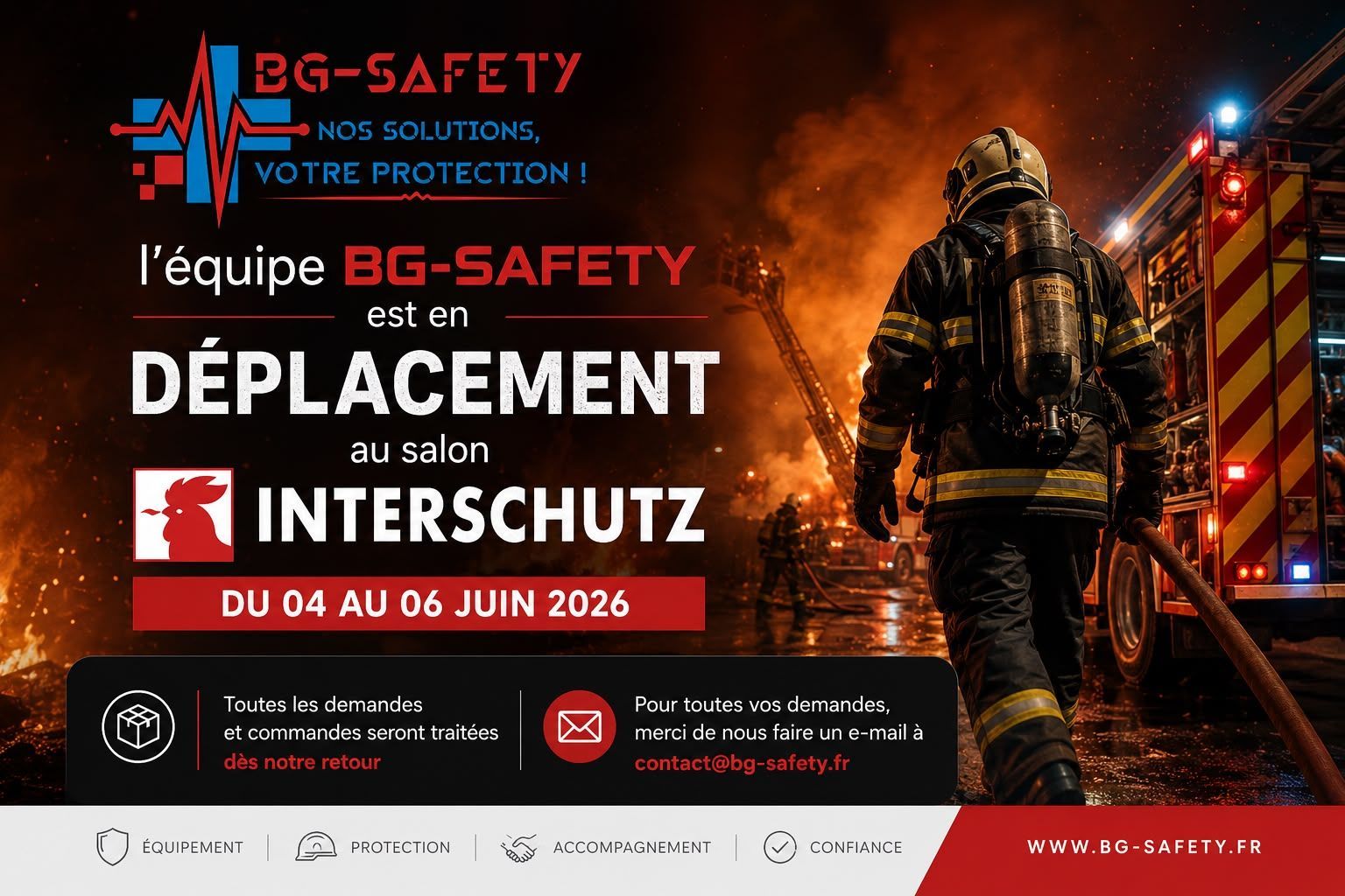 Pompier BG-SAFETY au salon Interschutz, scène d'urgence rouge-orange et arrière-plan de machines