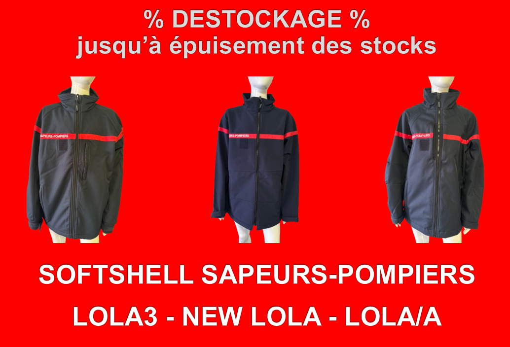 Trois mannequins portant des vestes avec l'inscription softshell sapeurs-pompiers