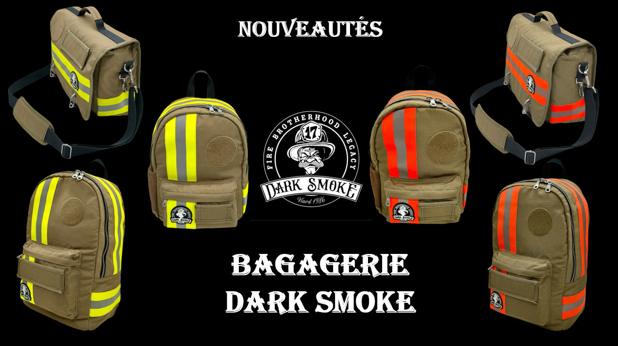 Un groupe de sacs à dos avec les mots bagagerie dark smoke sur le fond