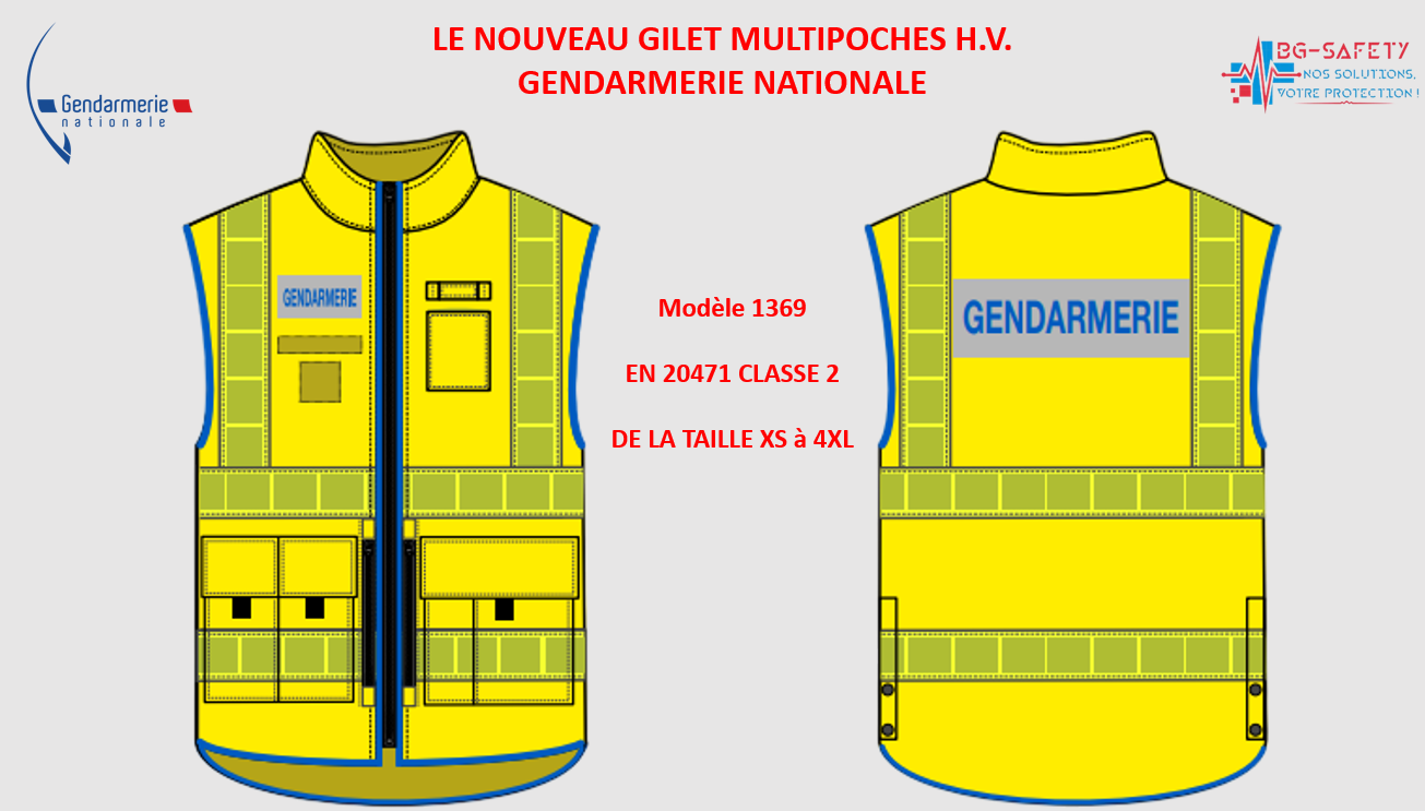 Schéma d'un gilet jaune haute visibilité pour la Gendarmerie nationale française, avec vues de face et de dos.