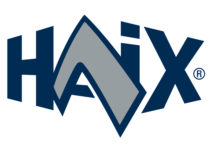 Un logo haix bleu et gris sur fond blanc