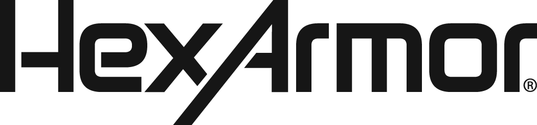 Un logo noir et blanc pour hexaarmor sur fond blanc.