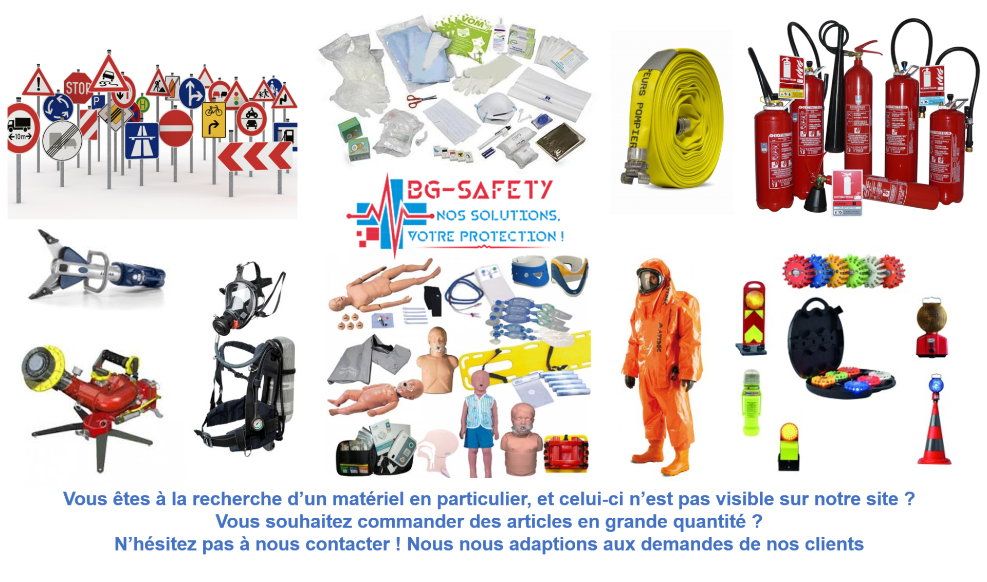 Une photo d'un homme en costume orange entouré d'extincteurs et de panneaux.