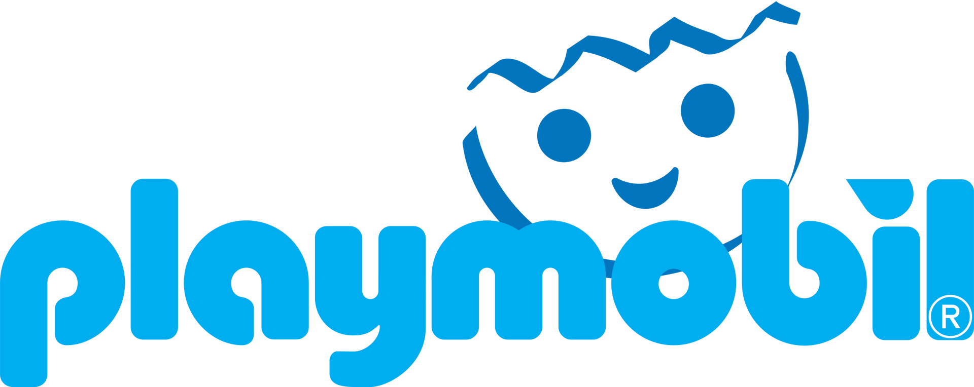 Un logo Playmobil avec un visage souriant dessus