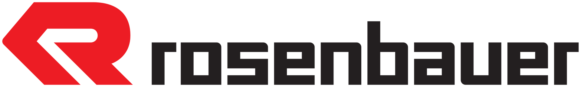 Un logo Rosenbauer avec une flèche rouge pointant vers la droite
