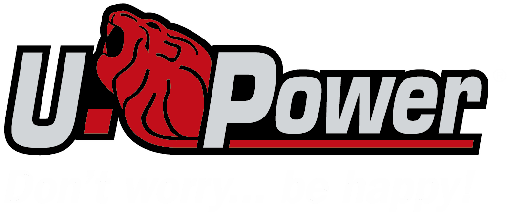 Un logo rouge et blanc pour u power avec un lion dessus.