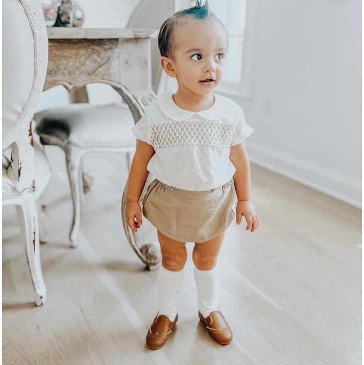 A Little Boy Wearing a White Shirt and Brown Shorts - Saint Georges, DE - Chavies Boutique