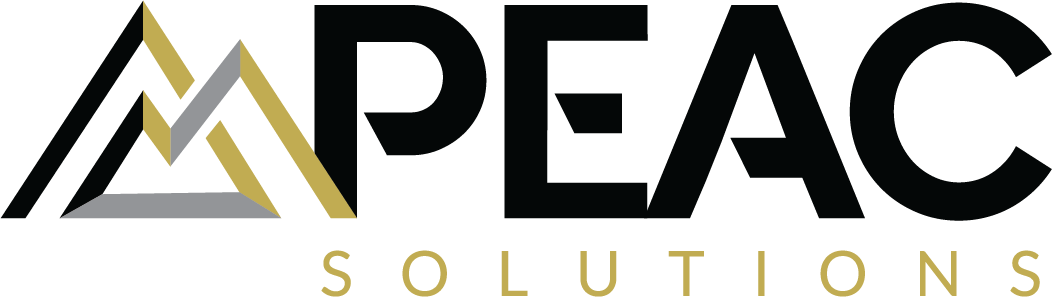 Logo for PEAC Solutions, featuring overlapping triangles in black, gold, and gray, followed by the text 