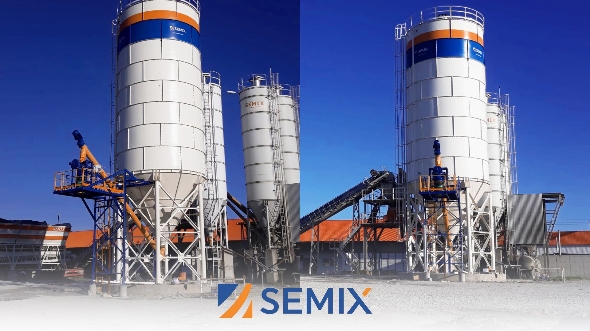 Cement plant with tall white silos, blue and orange accents, against a clear blue sky. SEMIX logo in the lower corner.
