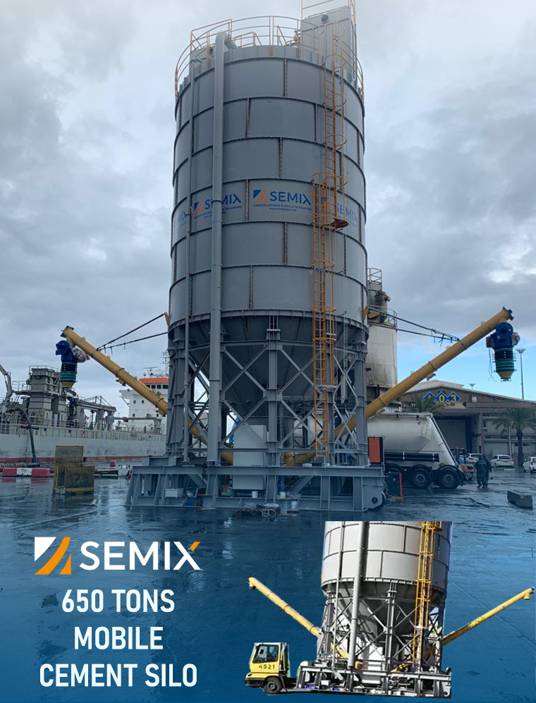 Large, mobile cement silo in a port setting. The grey silo has a ladder and long yellow conveyors extending outwards. The SEMIX logo and silo details are displayed.