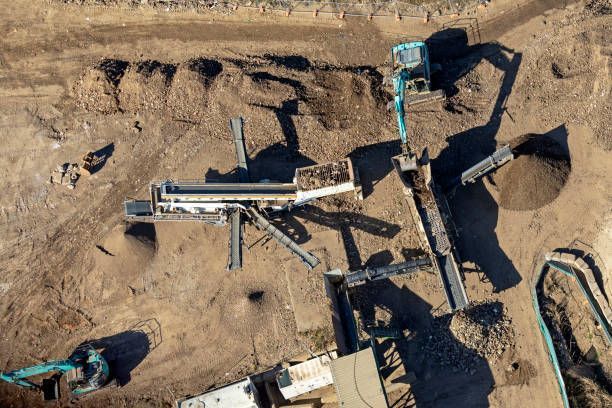 Aerial view of earthmoving equipment for high production material blending.