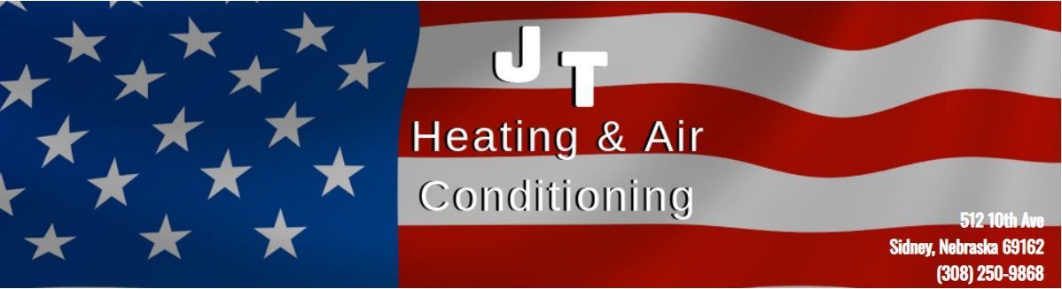 Business banner for JT Heating & Air Conditioning featuring an American flag background and contact information.