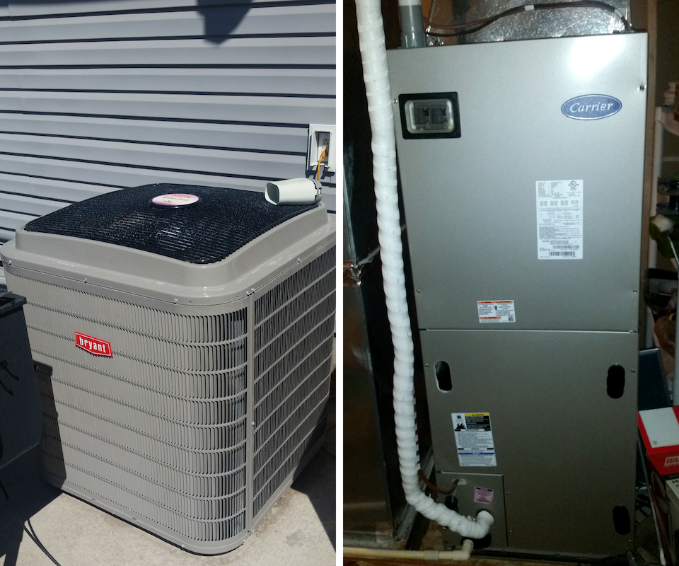A split image showing a Bryant air conditioning unit outside and a Carrier furnace system indoors.