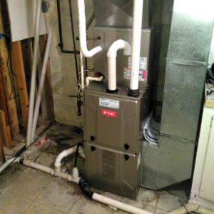 A Bryant high-efficiency gas furnace with white PVC venting pipes in a basement utility area.