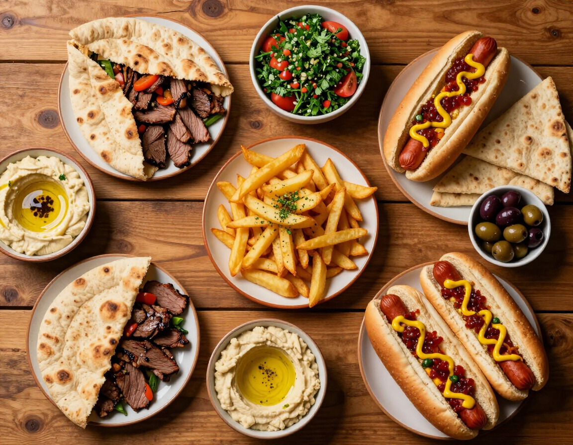 Family meal spread on a wooden table