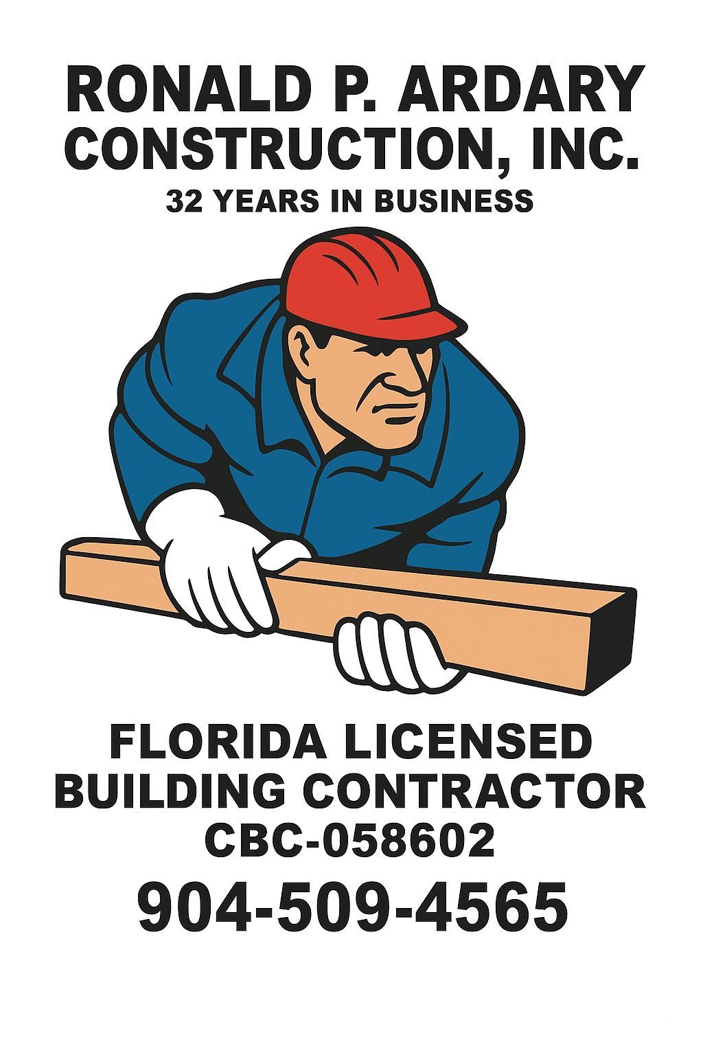 Logo for Ronald P. Ardary Construction, a Florida licensed building contractor, depicting a construction worker.