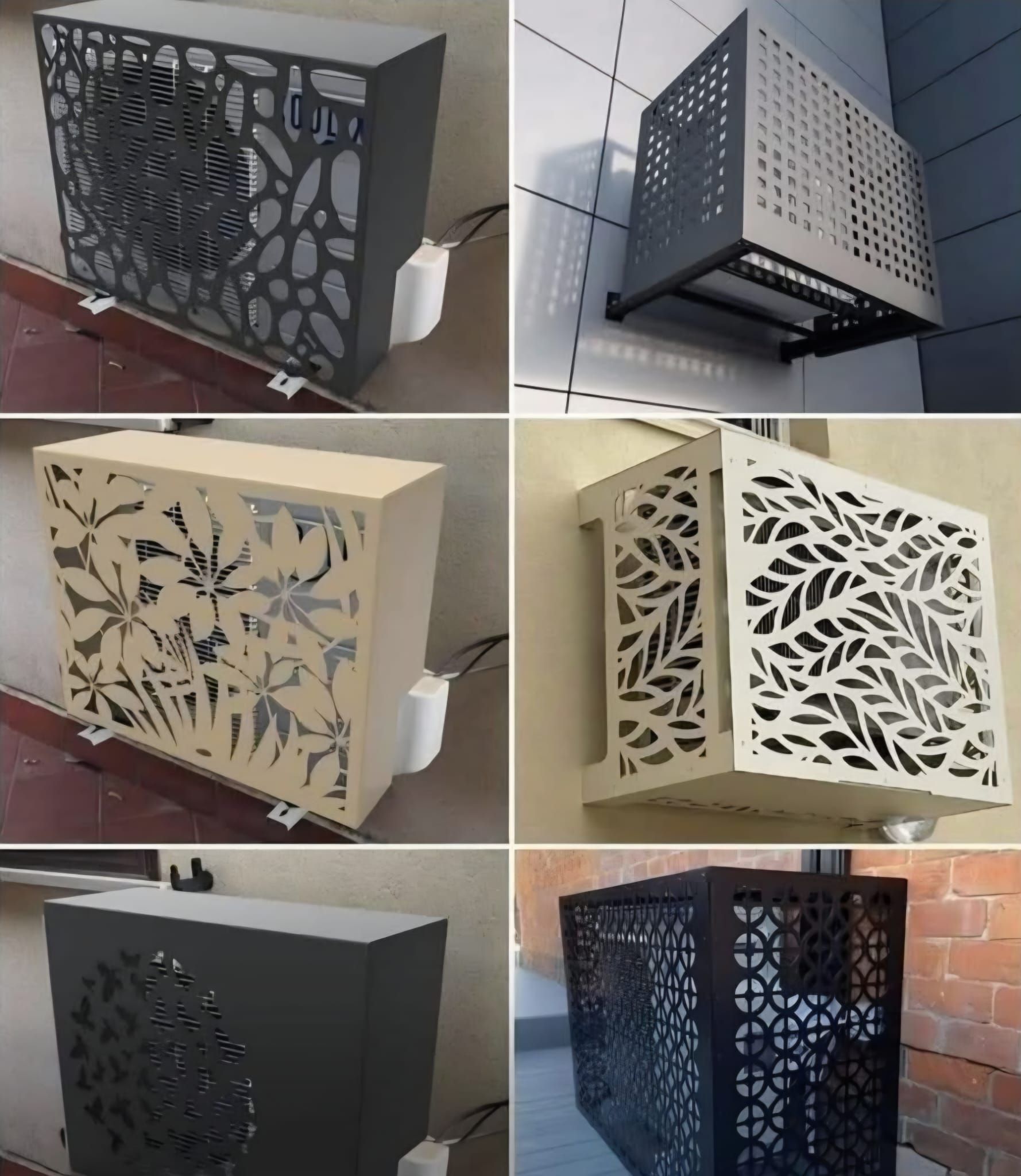 Un collage che mostra sei diversi stili di coperture metalliche decorative installate sopra le unità esterne dei condizionatori d'aria.