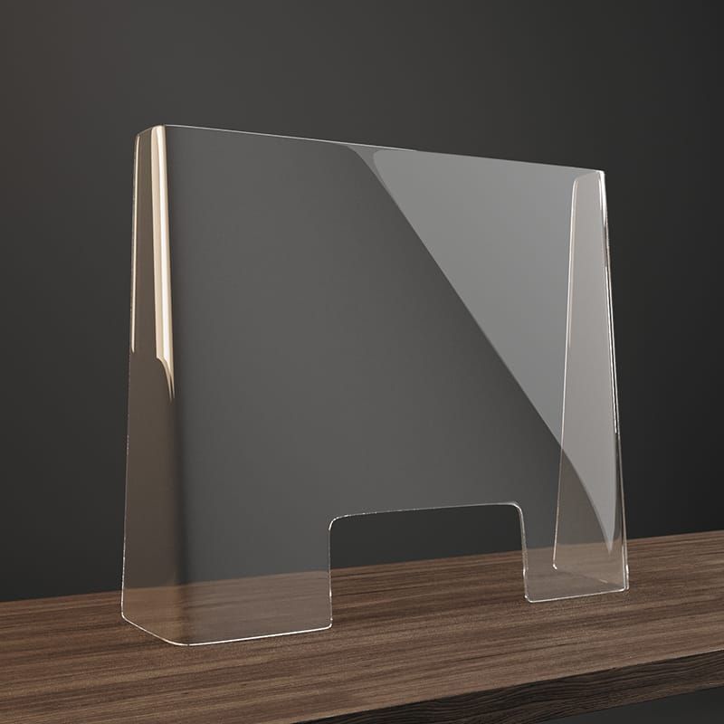 Barriera protettiva trasparente in acrilico con apertura passante, posizionata su una superficie di legno scuro su sfondo grigio.