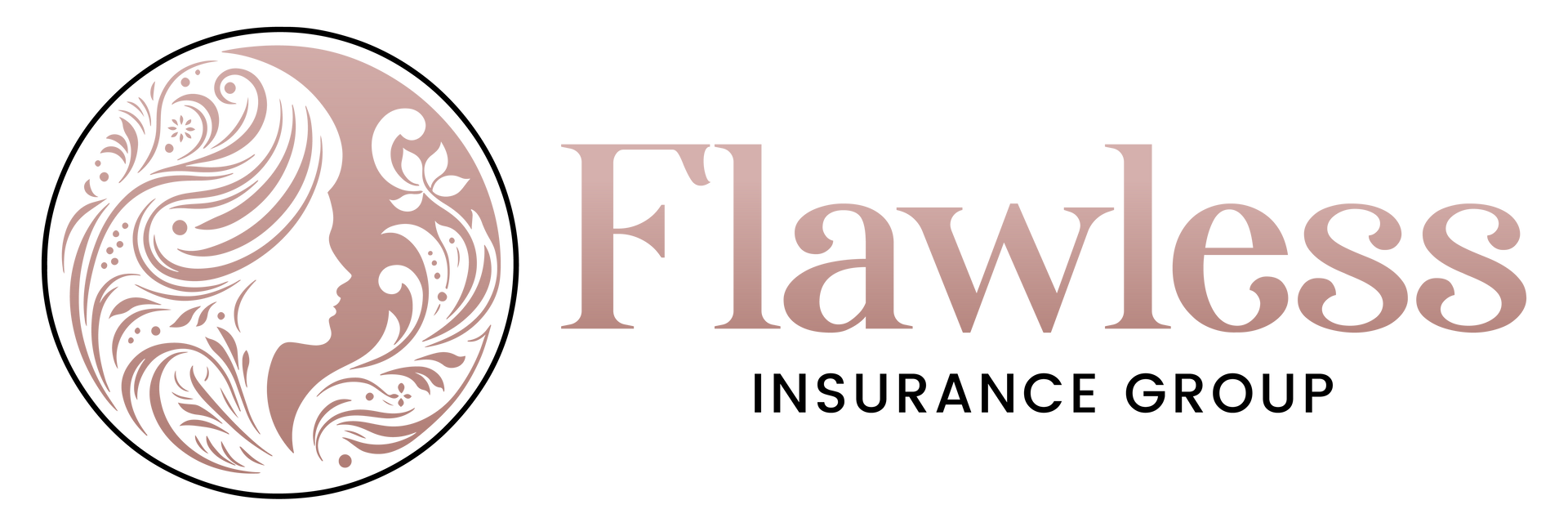 Logo for Flawless Insurance, a stylized illustration of a woman's face on a white background