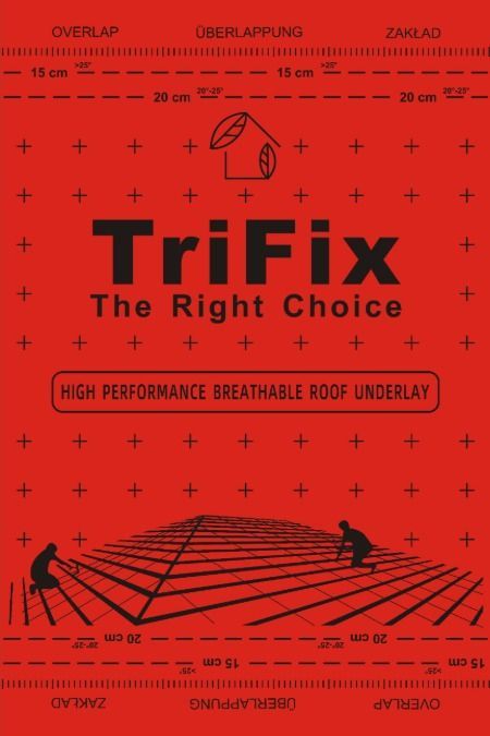 Red TriFix roofing underlay roll with black text and mesh, showing overlap guidelines.