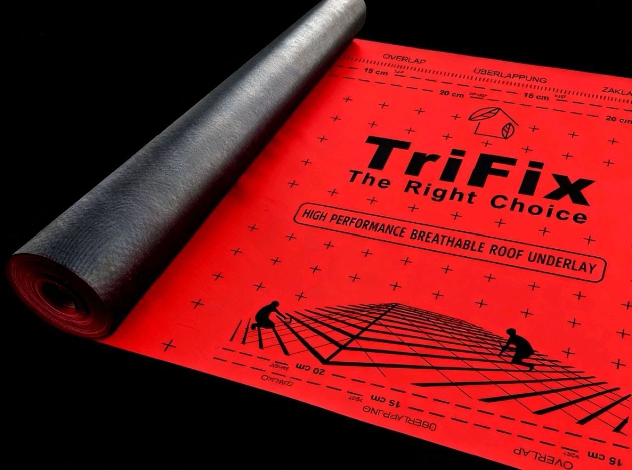 Red TriFix roofing underlay roll with black text and mesh, showing overlap guidelines.