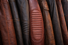 A close-up of several brown and black leather jackets hanging side-by-side, highlighting textures and ribbed detailing.