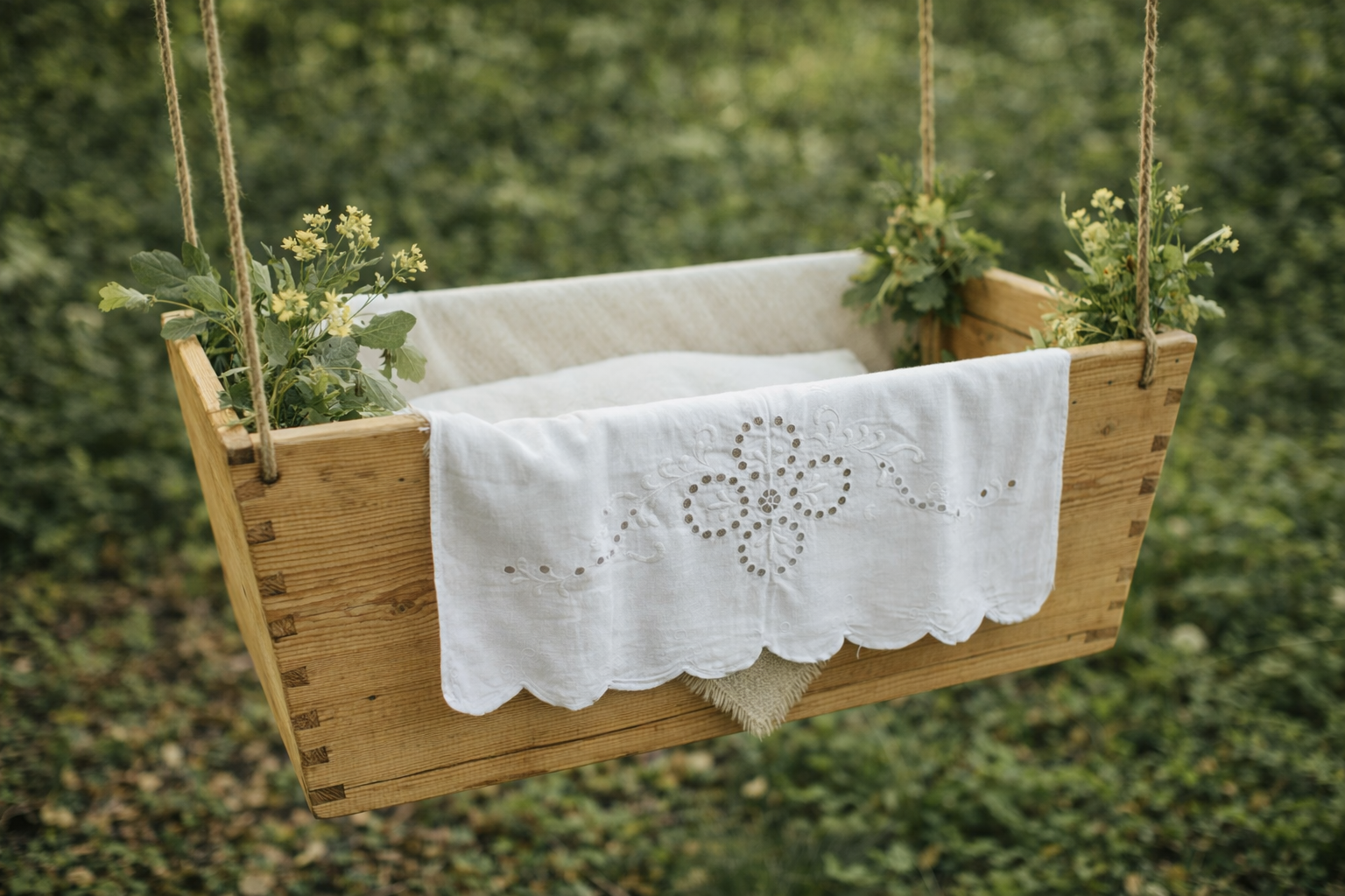 A wooden box swing hanging over a grassy field, decorated with white lace fabric and small yellow wildflowers.