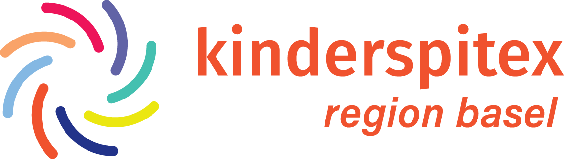 Logo für die Kinderspitex Region Basel. Mit buntem Wirbeldesign und orangefarbenem Text.
