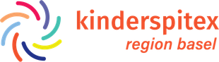 Logo für die Kinderspitex Region Basel. Mit buntem Wirbeldesign und orangefarbenem Text.