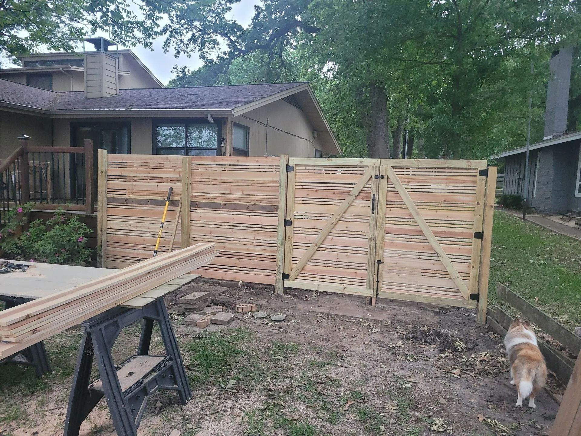 Wooden fence with a gate under construction in a backyard, a dog watches nearby.