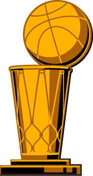 Gold basketball trophy with a basketball on top and a black base