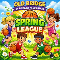 Old Bridge Basketball Association Spring League poster with kids playing basketball in a sunny spring field