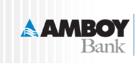 Amboy Bank logo with blue triangular icon and black-and-gray text on a light striped background