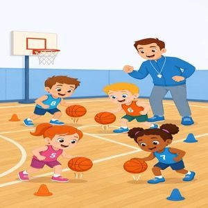 Kids dribbling basketballs in a gym while a coach watches and points near the hoop.