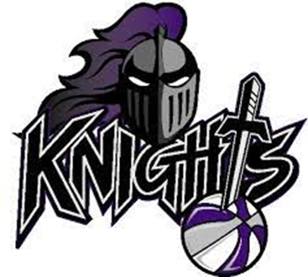 Purple-and-black Knights logo with a helmeted knight and a purple-and-white basketball