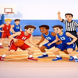 Basketball game with players in red and blue jerseys and a referee on an indoor court