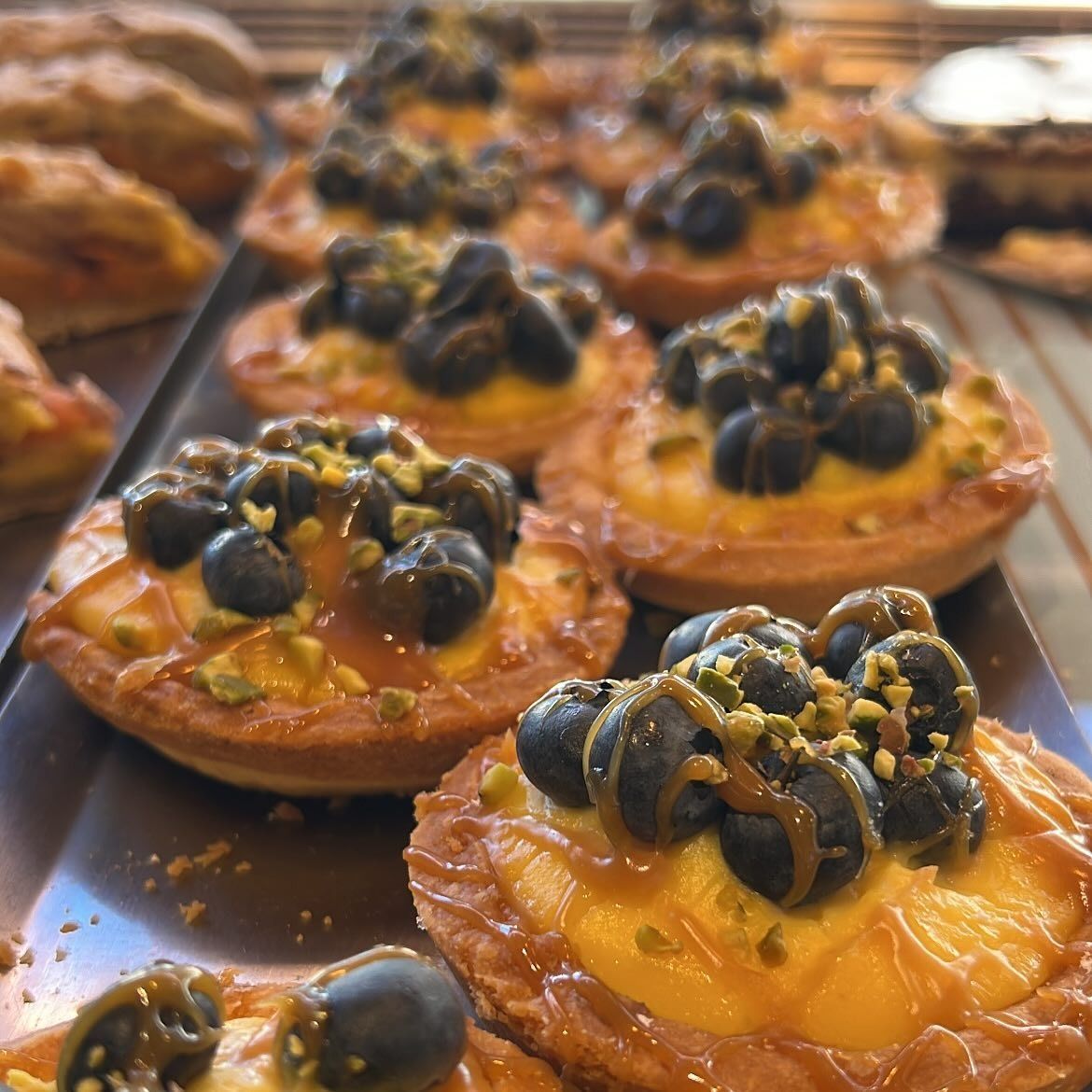 File di crostatine ai mirtilli e al caramello in una vetrina di pasticceria.