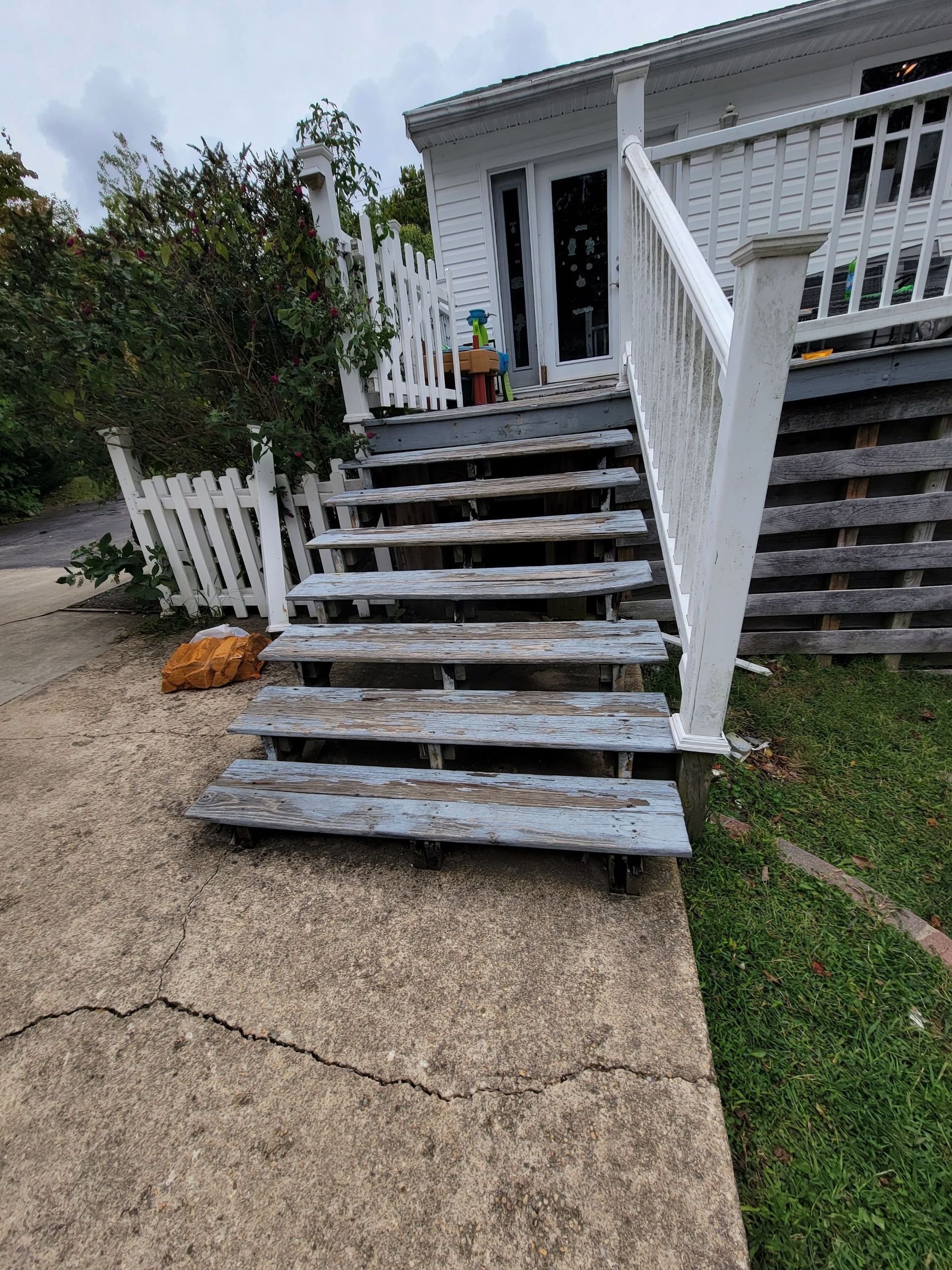 A dog is laying on the sidewalk next to a set of stairs leading up to a house.