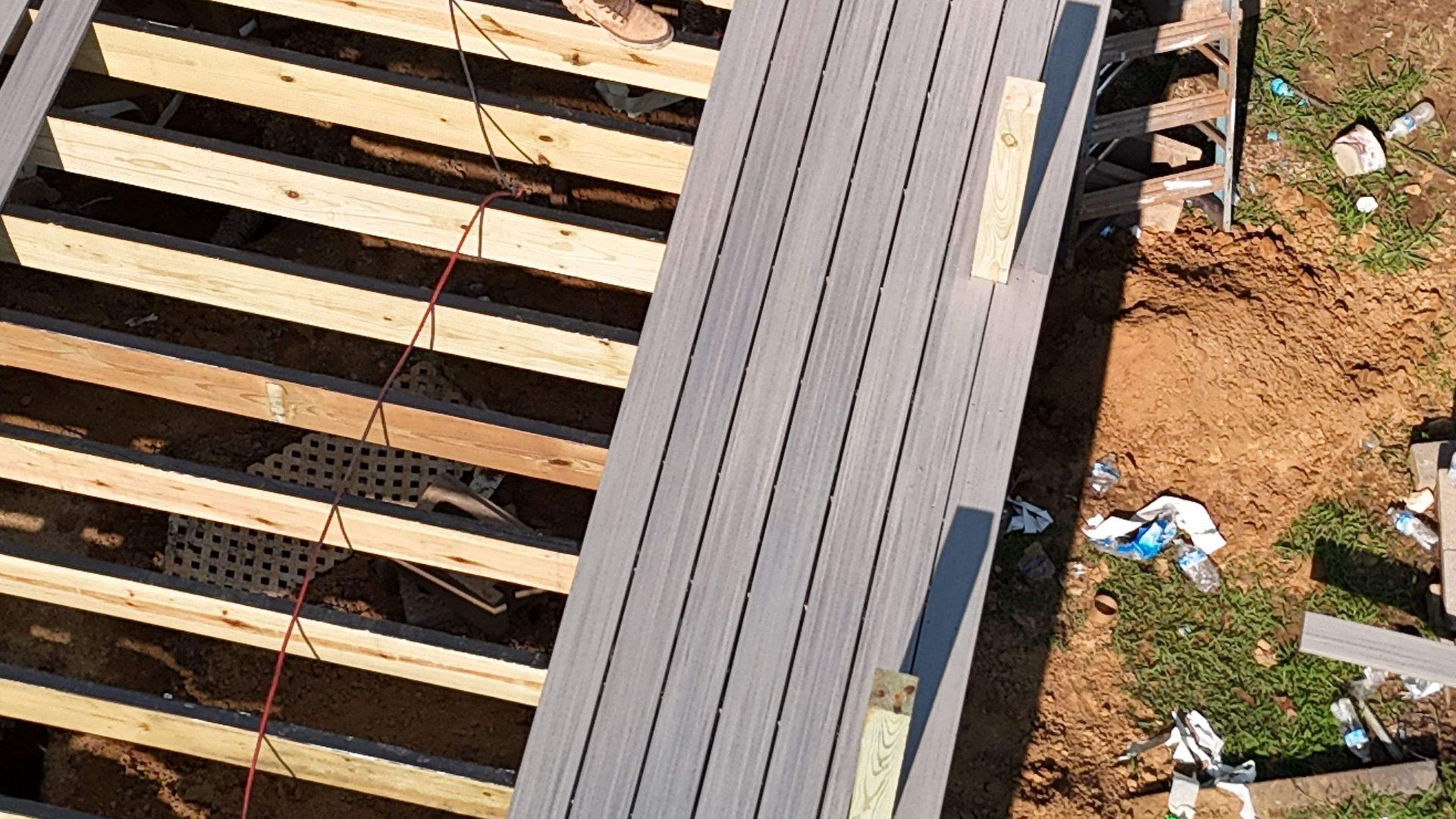 An aerial view of a wooden deck under construction