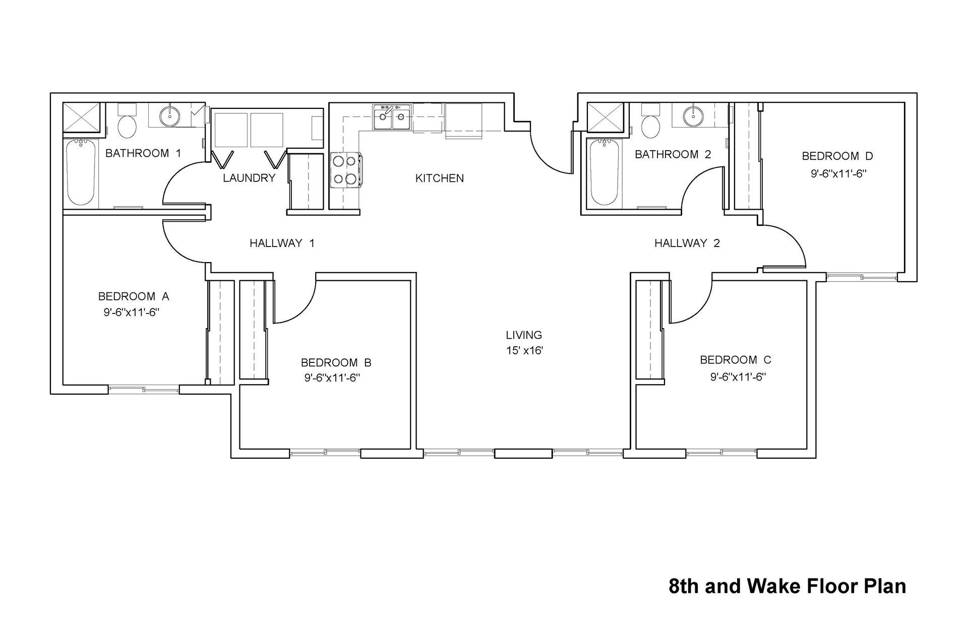 Floor plan of a multi-bedroom apartment with living spaces, kitchens, and bathrooms.