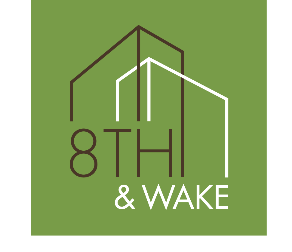 Logo for 8th & Wake with text and intersecting house outlines on a green background.