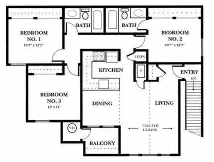 Floor plan of a three-bedroom apartment with kitchen, dining, living room, balcony, and two bathrooms.