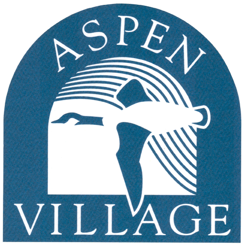 Blue logo for Aspen Village, arched top, white bird in flight over mountains.