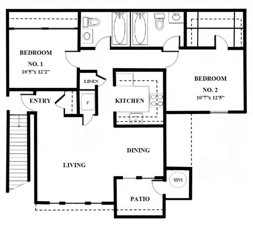 Floor plan of a two-bedroom apartment: kitchen, dining, living, patio, and two bedrooms.