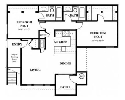 Floor plan of a two-bedroom apartment with kitchen, living, and dining areas.