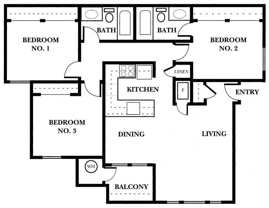 Floor plan of a three-bedroom apartment with a kitchen, dining area, living room, and balcony.