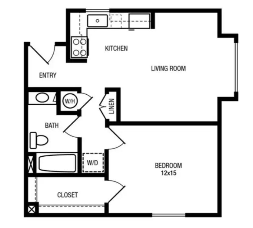 Floor plan of a one-bedroom apartment with a kitchen, living room, bathroom, and closet.